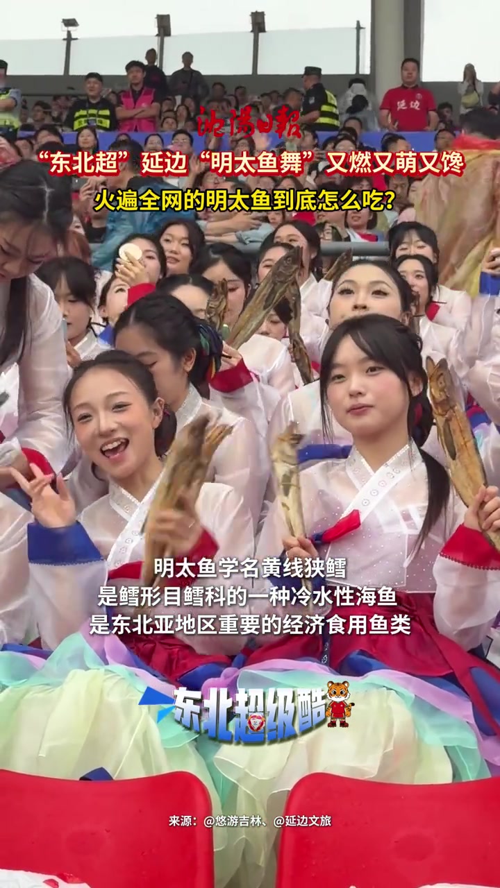 东北超现明太鱼舞，延边啦啦队场边晒美食元素