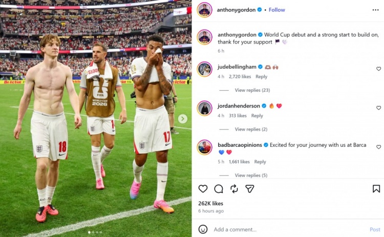 戈登世界杯首秀：英格兰4-2克罗地亚，社媒纪念